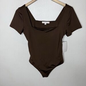 New Gaze Fitted Brown Short Sleeve Bodysuit Square Neckline Women's Medium